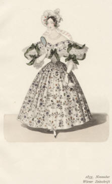 "1835, November, Wiener Zeitschrift". Die handkolorierte Graphik zeigt eine junge Dame im Kleid mit grünen Schleifen der Biedermeierzeit und mit einem Handspiegel