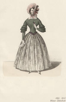"1837, April, Wiener Zeitschrift". Die handkolorierte Graphik zeigt eine junge Dame in der Mode der Biedermeierzeit mit einem kleinem Veilchenstrauß und einem weißen Tuch in der Hand