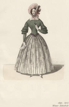 "1837, April, Wiener Zeitschrift". Die handkolorierte Graphik zeigt eine junge Dame in der Mode der Biedermeierzeit mit einem kleinem Veilchenstrauß und einem weißen Tuch in der Hand