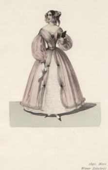 "1840, März, Wiener Zeitschrift". Die handkolorierte Graphik zeigt eine schwarzhaarige Dame im rosafarbenen Kleid mit einem aufgeschlagenen Buch in der Hand. 