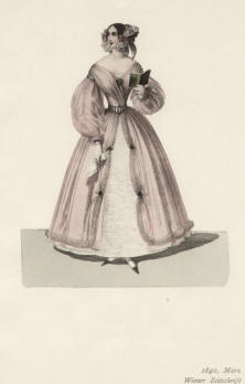 "1840, März, Wiener Zeitschrift". Die handkolorierte Graphik zeigt eine schwarzhaarige Dame im rosafarbenen Kleid mit einem aufgeschlagenen Buch in der Hand. 