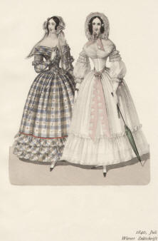 "1840, Juli, Wiener Zeitschrift". Die handkolorierte Graphik zeigt zwei schwarzhaarige Damen mit Rose bzw. mit Schirm posierend