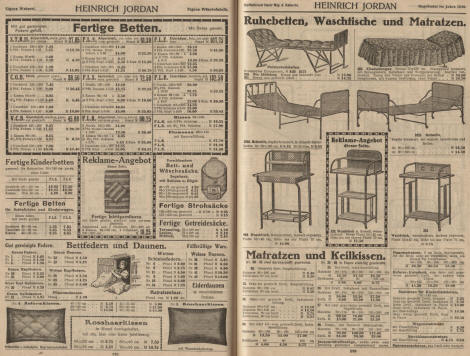 Betten, Kinderbetten, Bett- und Wäschesäcke, Strohsäcke, Getreidesäcke, Bettfedern und Daunen, Reformkissen, Rosshaarkissen, Ruhebetten, Keilkissen, Waschtische und Matratzen mit Seegrasfüllung und mit Indiafaserfüllung, Drell, Haarfüllung