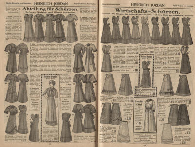 Schürzen,  Kleiderschürzen, Kittelschürzen, Gingham, Satin,  Dowlas, Empireform, Berufskittel 