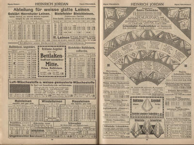 Wäschestoffe, Tuche, Herrnhuter Leinen, Bielefelder Bleichleinen,  Madeira-Taschentücher, mercerisierte Batist-Taschentücher, französische Leinenbatist-Holsaumtücher, Brüsseler Spitzentücher, Leinenbatist-Tücher, Böhmische Leinentücher