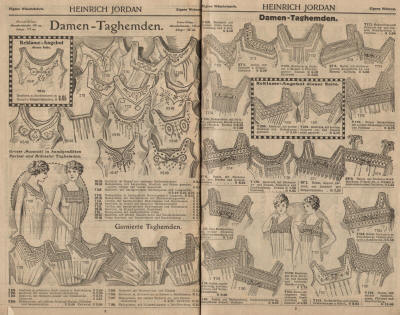 Damenwäsche - Pariser und Brüsseler Hemden, Unterwäsche, Renforcé mit Handstickerei im Rumpf und Klöppel-Imitation, Madapolame mit Languetten, Bindloch und Falten garniert, handgestickte Madeirapasse, Languett, Chiffon, Hohlsaum, Banddurchzug, Saumabschluss, Battist, Stickereigarnierung, Seidenbandachsel, Mullstickerei, Valencienne-Spitzen, Batistchiffon