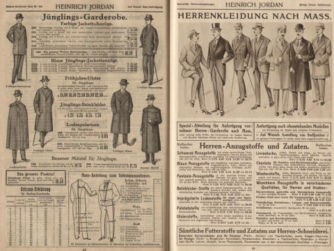 Herren Garderobe, Jackett-Anzüge, Ulster und Loden Pelerine. Bozener Mäntel,  Kammgarn, Cheviot,  Twill, imprägnierte Lodenstoffe.