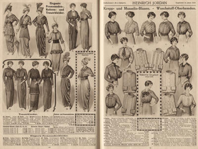 Damenkleider: elegante Promenadenkleider, Trauerkleider, Seidenkleid mit Spitzen-Jabot,  Krepp- und Musselin-Blusen