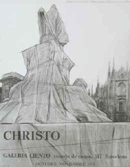 Christo - Wrapped Monument to Vittorio Emanuelle Project for Piazza Duomo Milano, Italy. Color offset poster from 1975 at Galeria Ciento, Barcelona.
