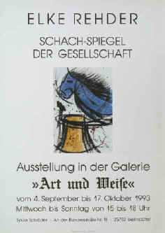 Ausstellungsplakat Elke Rehder - Schach Spiegel der Gesellschaft. 1993 Galerie Art und Weise. Chess Posters, Schach Plakate, Affiches jeu d'échecs, Carteles de exposición arte y ajedrez.