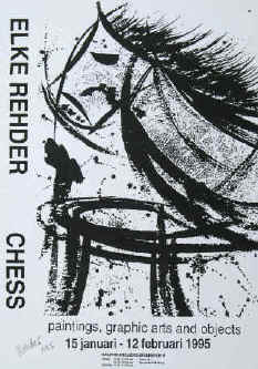 Elke Rehder exhibition poster Chess - paintings, graphic arts and objects. 1995 at Galerie Ateliers-Driebergen, Netherlands. Chess Posters, Schach Plakate, Affiches jeu d'échecs, Carteles de exposición arte y ajedrez.