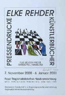 Ausstellungsplakat - Elke Rehder  Ausstellung  2000 Regionalbibliothek Neubrandenburg. Chess Posters, Schach Plakate, Affiches jeu d'échecs, Carteles de exposición arte y ajedrez.