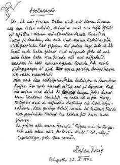 Selbstmord von Stefan Zweig handgeschriebener Brief 1942, Abschiedsbrief