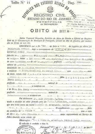 Stefan Zweig death certificate: the death occurred on 23 February 1942 at 12:30 