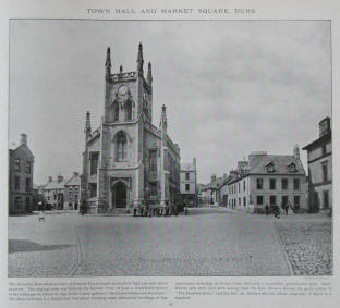 Town Hall and market square in Duns or Duse, a town in Berwickshire, Scotland.
